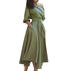 Women Casual Slant Shoulder Large Swing Dress