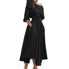 Women Casual Slant Shoulder Large Swing Dress