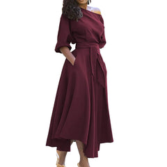 Women Casual Slant Shoulder Large Swing Dress