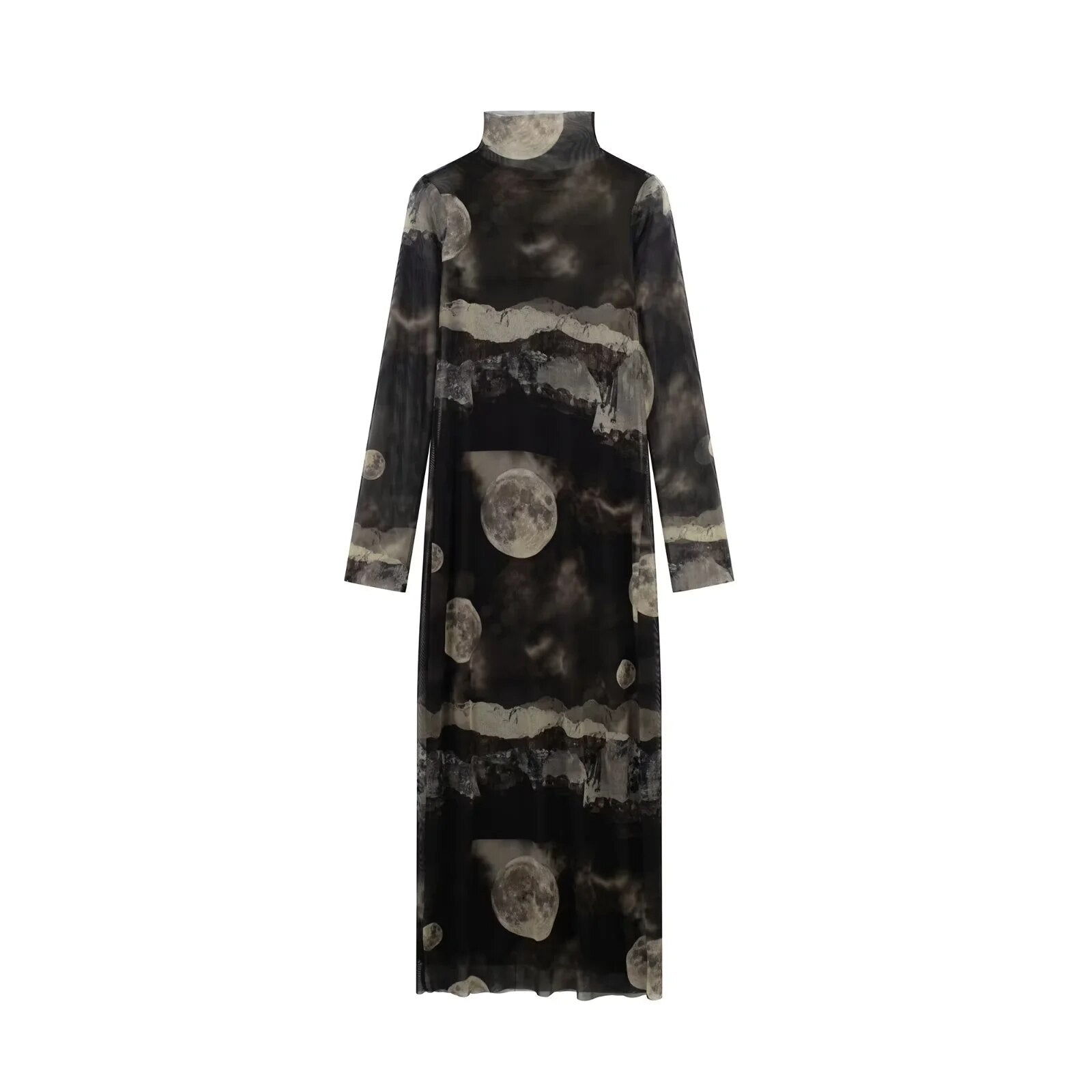 Women Tulle Printed Turtleneck Vintage Long Sleeve Dress