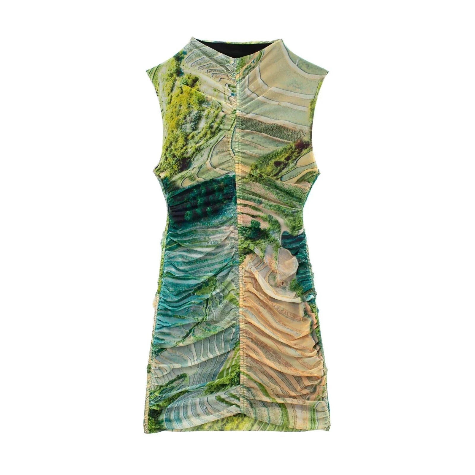 Women Printed Tulle Vintage High Collar Sleeveless Dresses
