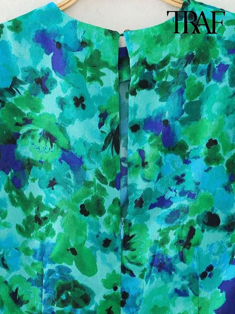 Women Front Ruched Floral Print Midi Dress
