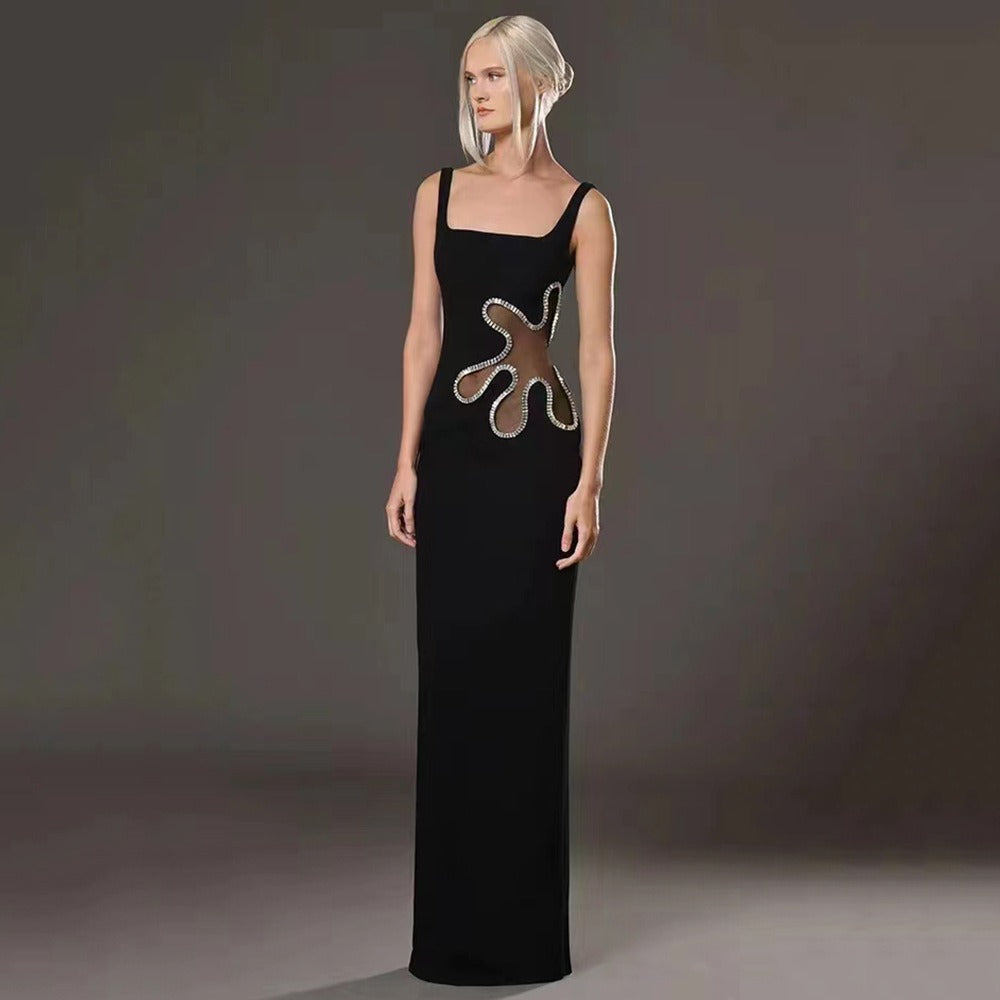 Women Black Sleeveless Mesh Knitted Dress