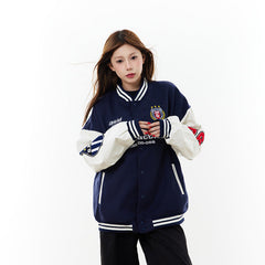 Women Leather Patchwork Contrasting Baseball Jacket