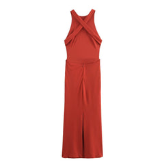 Women Casual Cross Halter Neck Long Dress
