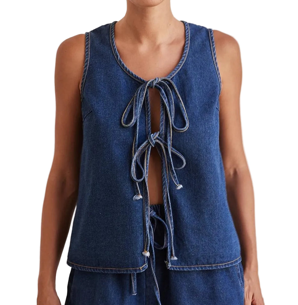 Women Casual Denim Sleeveless Lace Up Vest + Shorts Set