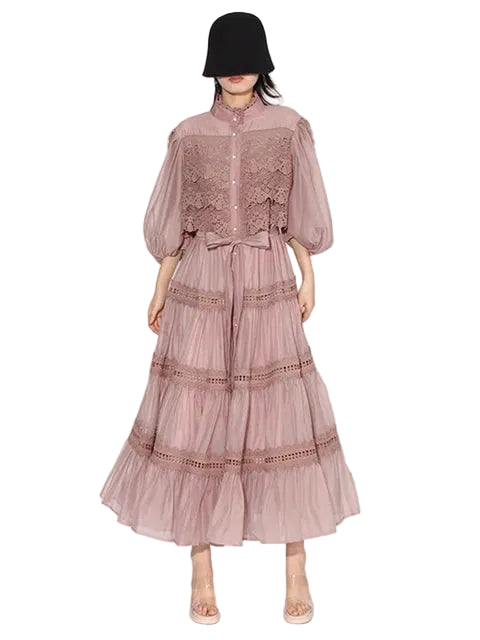 Women Embroidery Single Breasted Spliced Lace Up Dress
