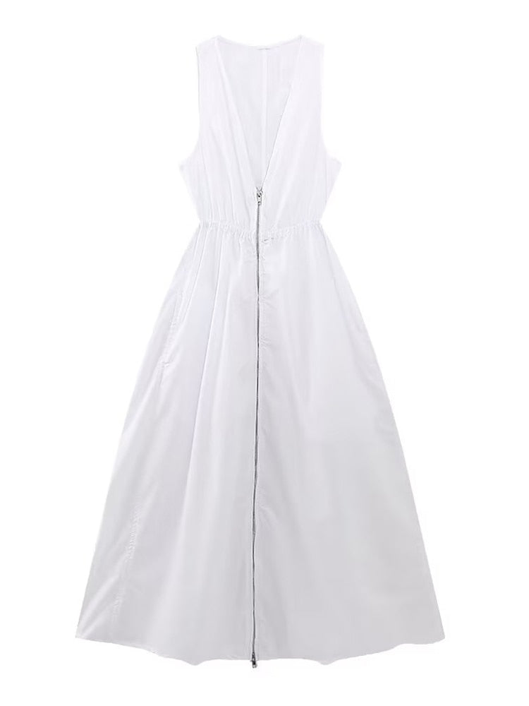 Women Vintage Sleeveless Elastic Waist Front Zipper Dress