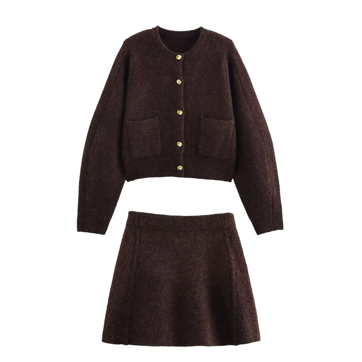 Women Winter Breasted Knit Jacket + Skirt Co Ord