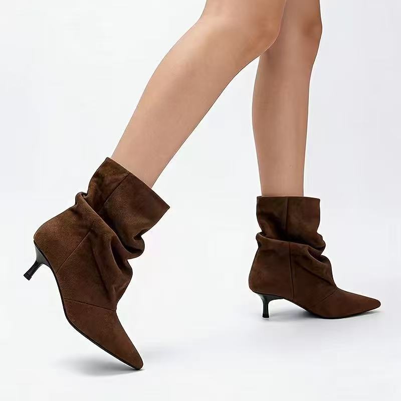 Pleated Mid-Calf Boots for Women Pointed Toe Medium Heel Velvet Boots