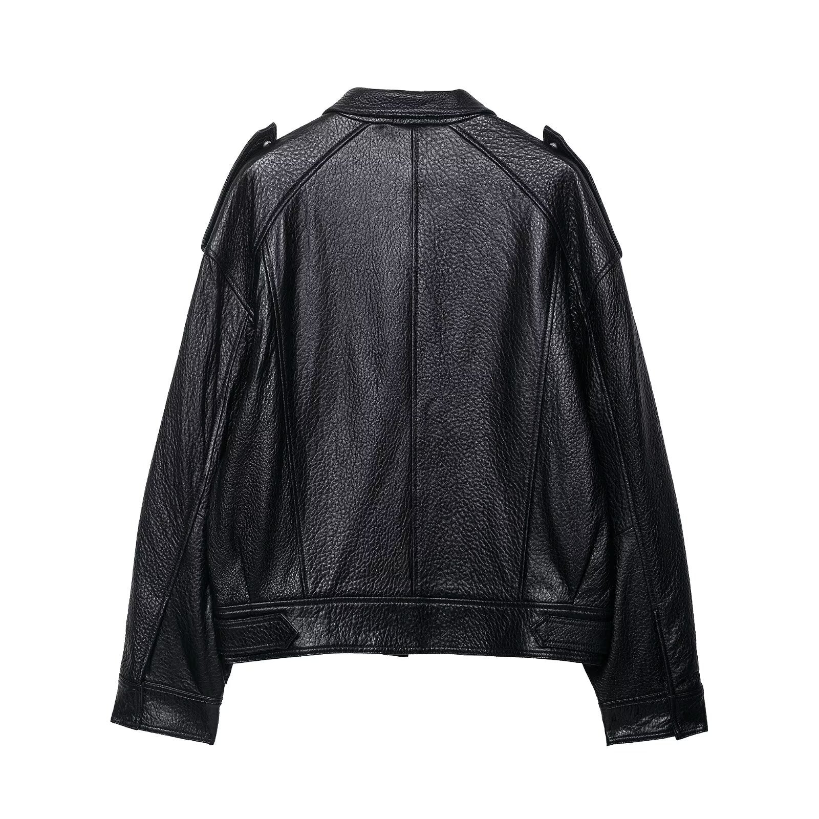 Unisex Leather Flip Collar Bomber Jacket