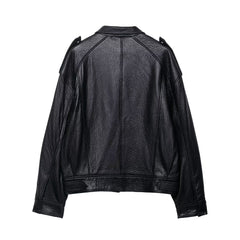 Unisex Leather Flip Collar Bomber Jacket