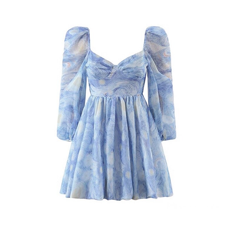 Women Light Blue Van Gogh's Starry Sky Collar Chiffon Dresses