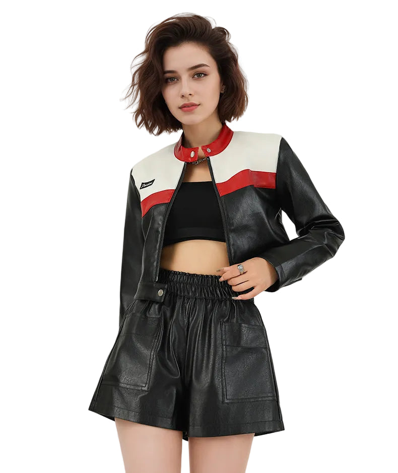 Women Biker Leather PU Splicing Short Jacket