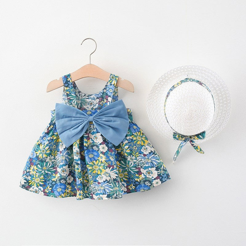 Kids Girls Pastoral Princess Dress + Beach Hats Set