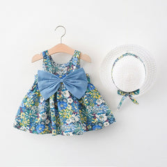 Kids Girls Pastoral Princess Dress + Beach Hats Set