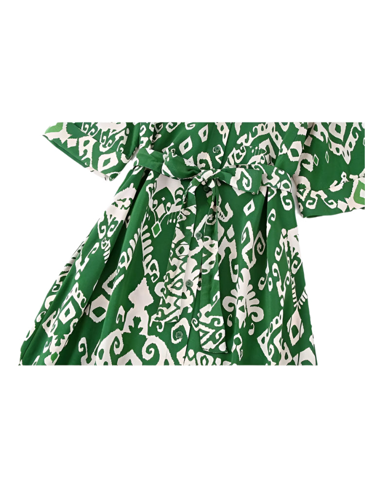 Woman Casual Printed Vintage Long Sleeve Dresses with Belt