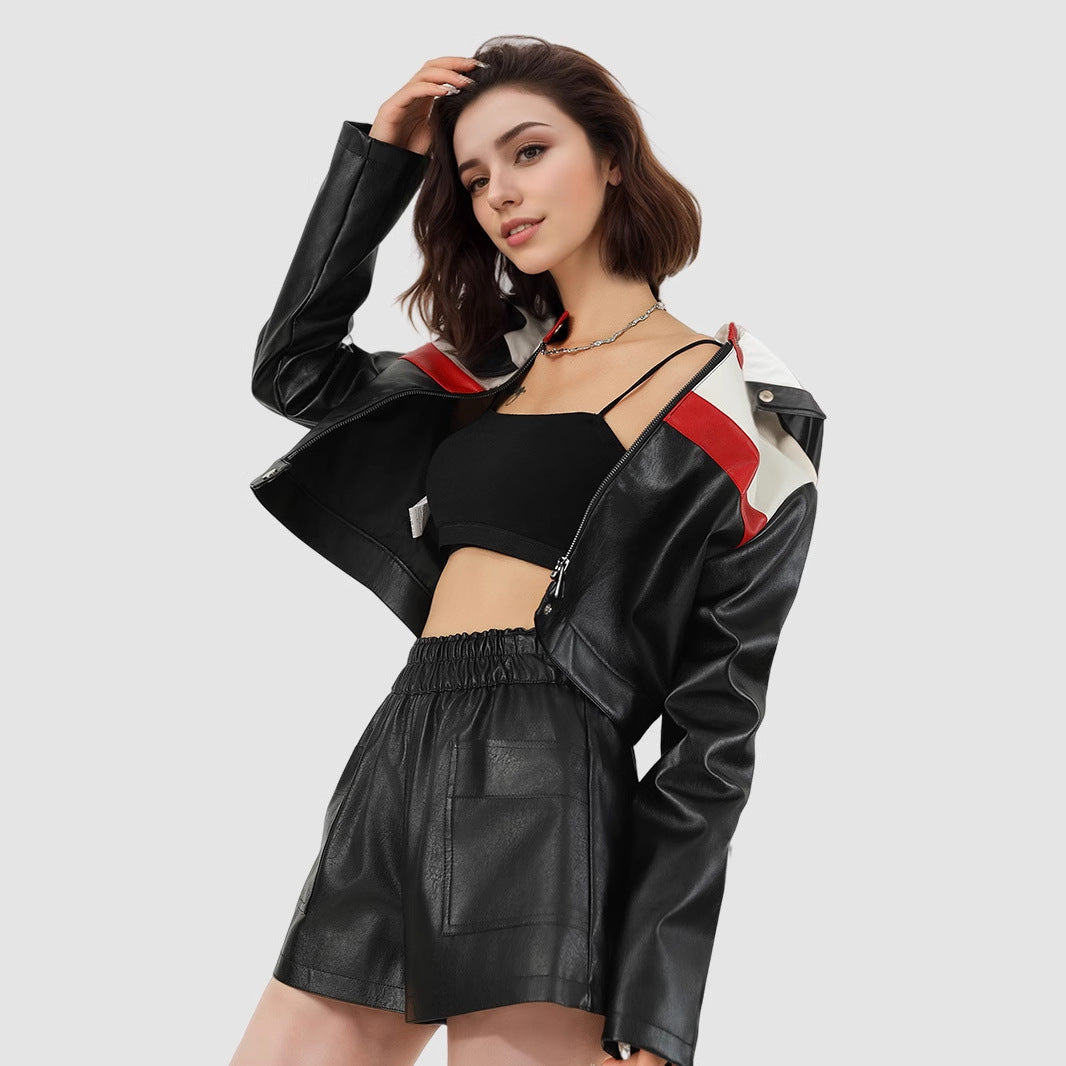Women Biker Leather PU Splicing Short Jacket