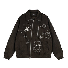 Women Graffiti Embroidery Flip Collar Melange Jacket