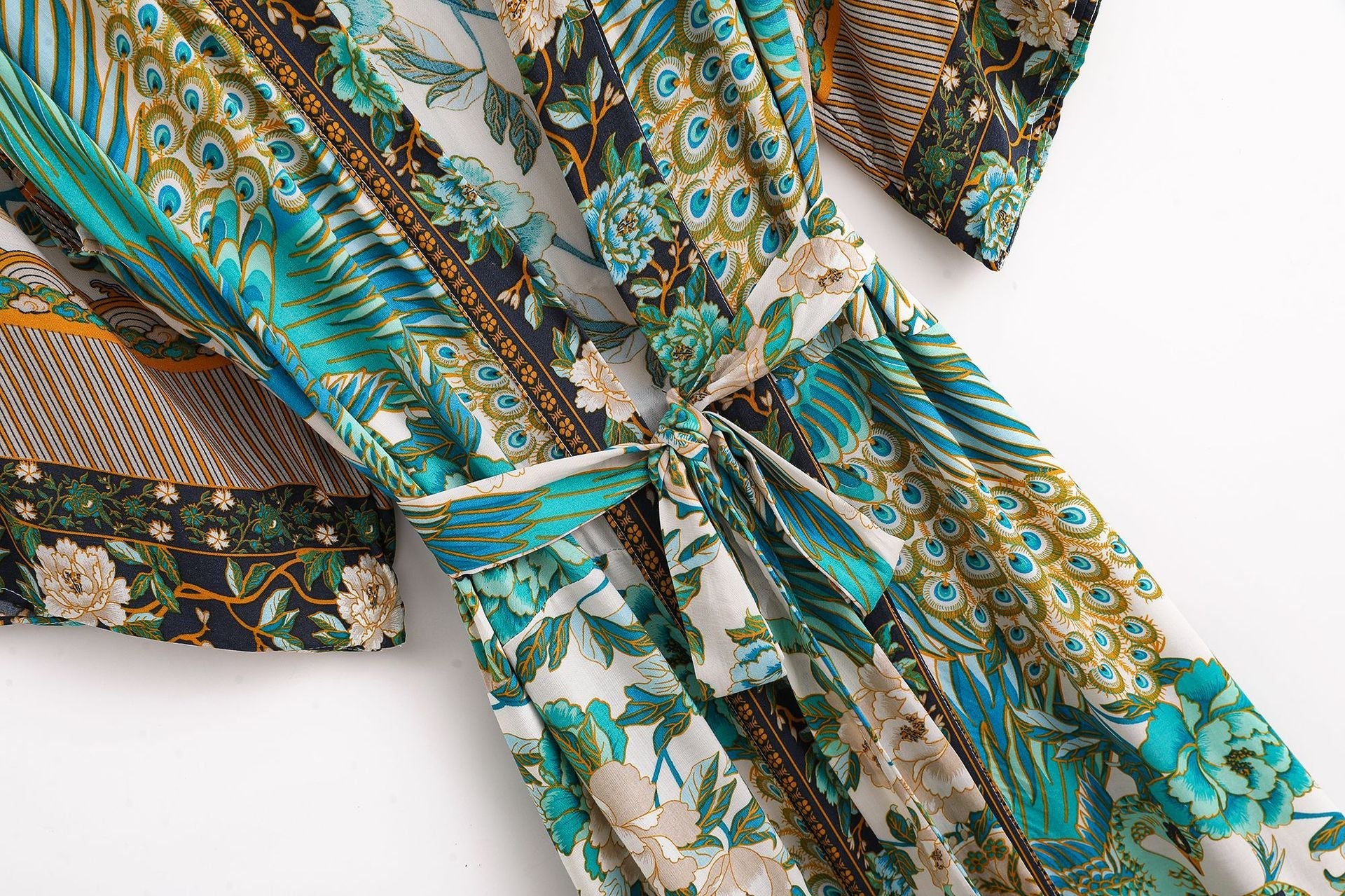 Women Cotton Peacock Print Cardigan Robe Dresses
