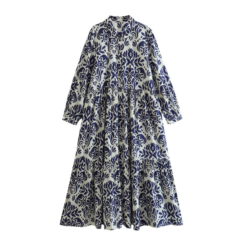 Woman Vintage Lapel Front Button Ruffle Dress