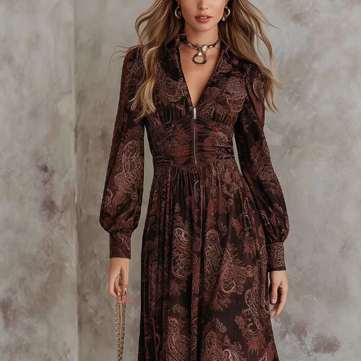 Women Vintage Print Bubble Sleeve V-Neck Fitted Maxi Dress