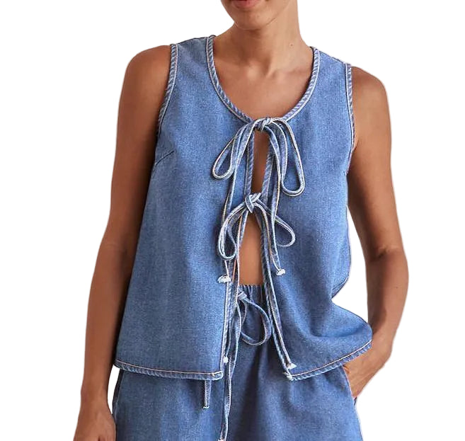 Women Casual Denim Sleeveless Lace Up Vest + Shorts Set