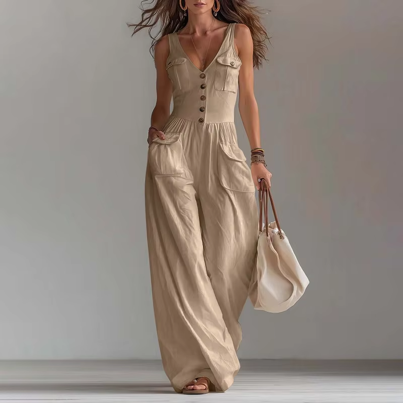 Pocket V-neck button vest jumpsuit for women