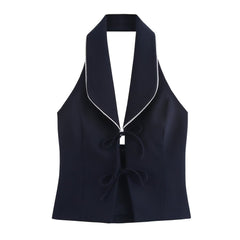 Women Bow Spliced Neck Halter Tank Top