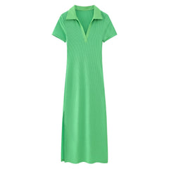 Woman Versatile Polo Neck Short Sleeve Midi Dress