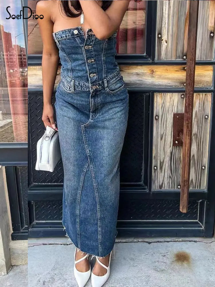 Women Casual Strapless Denim Dress