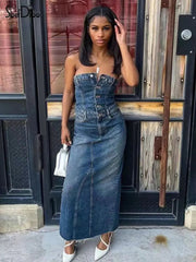 Women Casual Strapless Denim Dress