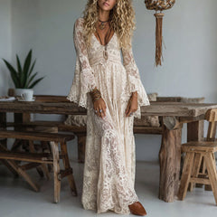 Women Elegant V-Neck Lace Spliced Dress