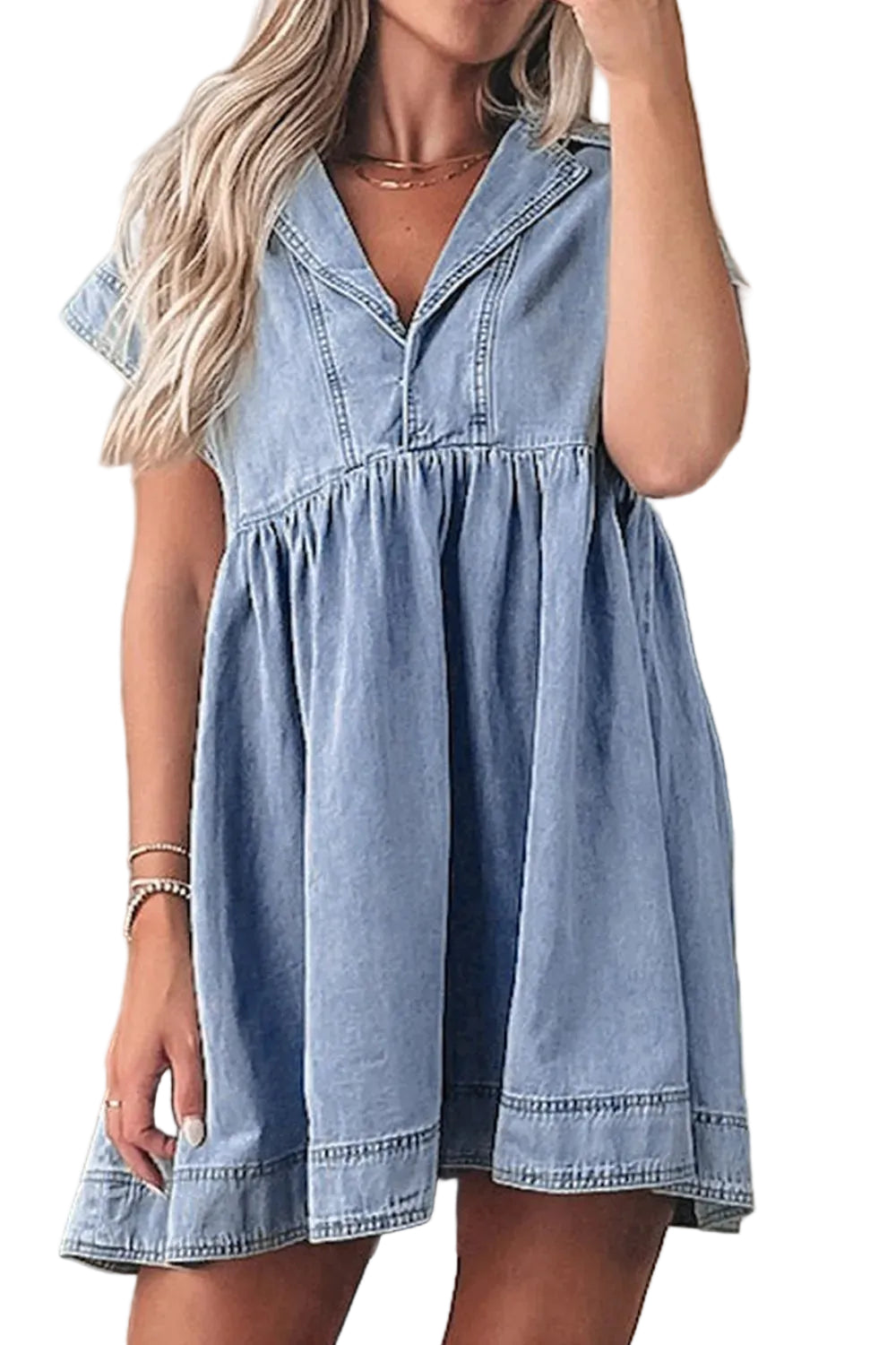 Women Cap Sleeve Denim Babydoll Dress