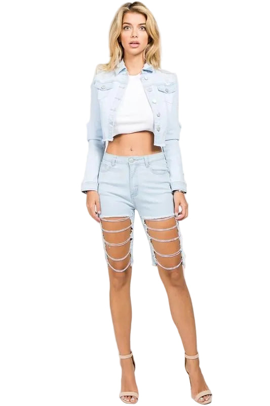 Women Cutoff Denim Bermuda Shorts with Chain