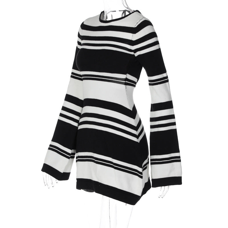 Women Knitted Striped Flare Sleeve Mini Dress