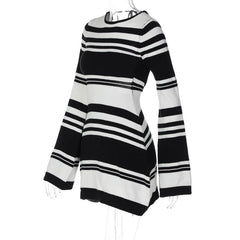 Women Knitted Striped Flare Sleeve Mini Dress