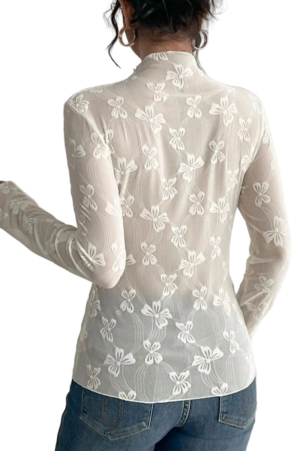 Women Bow Print Mock Neck Long Sleeve T-Shirt