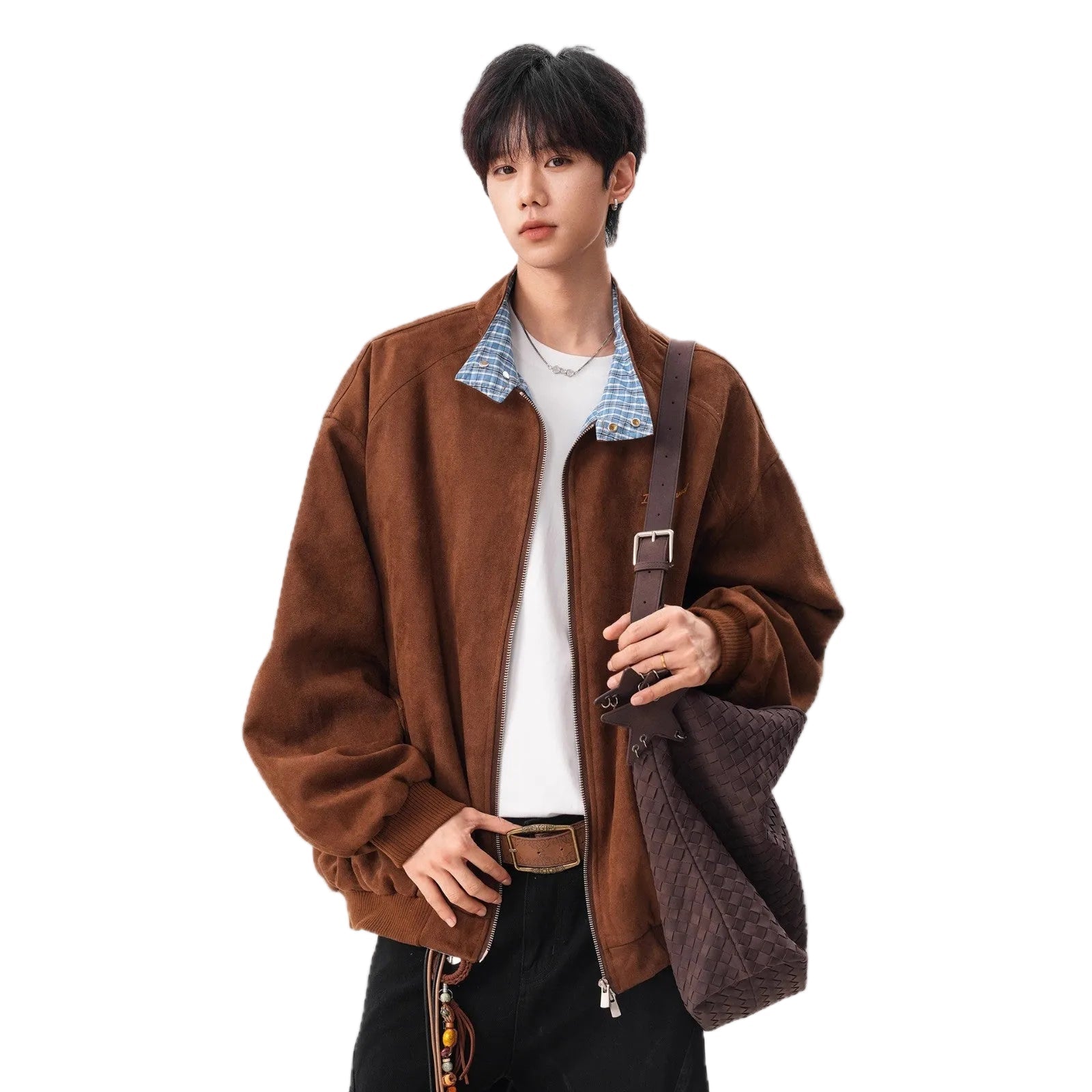 Men Suede Plaid Turn-Down Collar Jacket