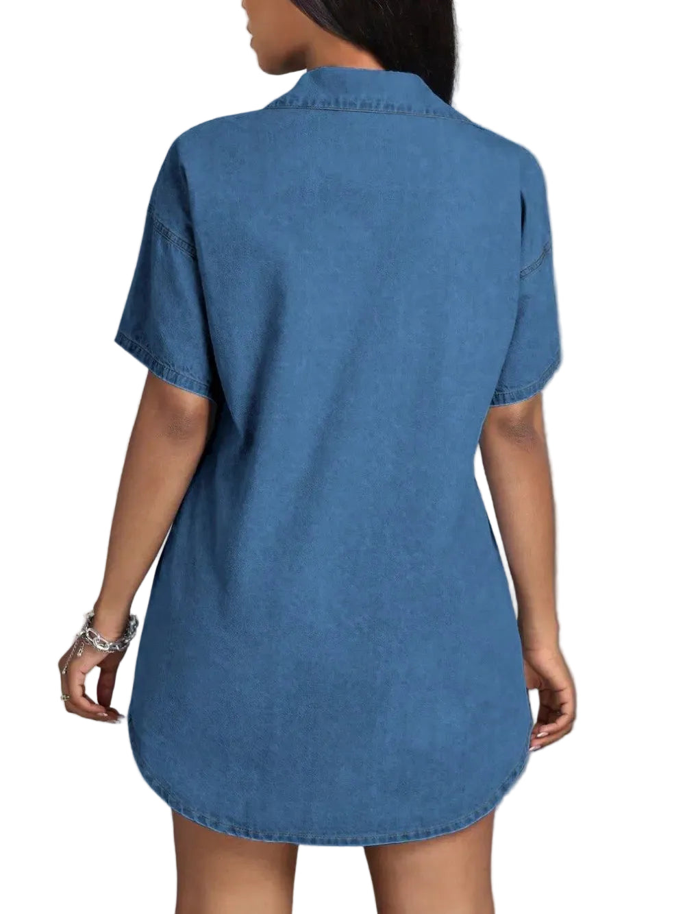 Women Button Down Collared Neck Denim Dress