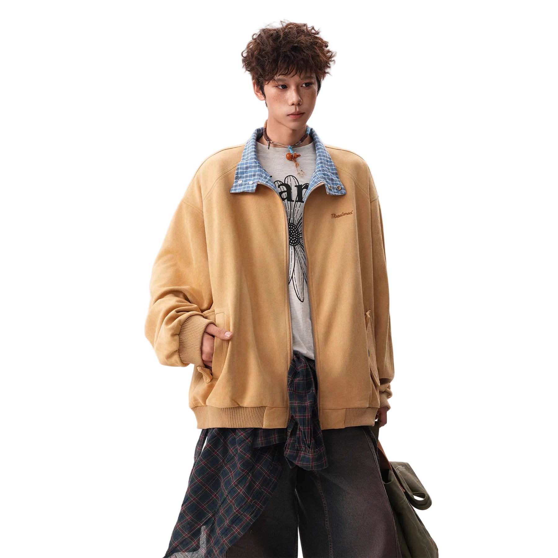 Men Suede Plaid Turn-Down Collar Jacket