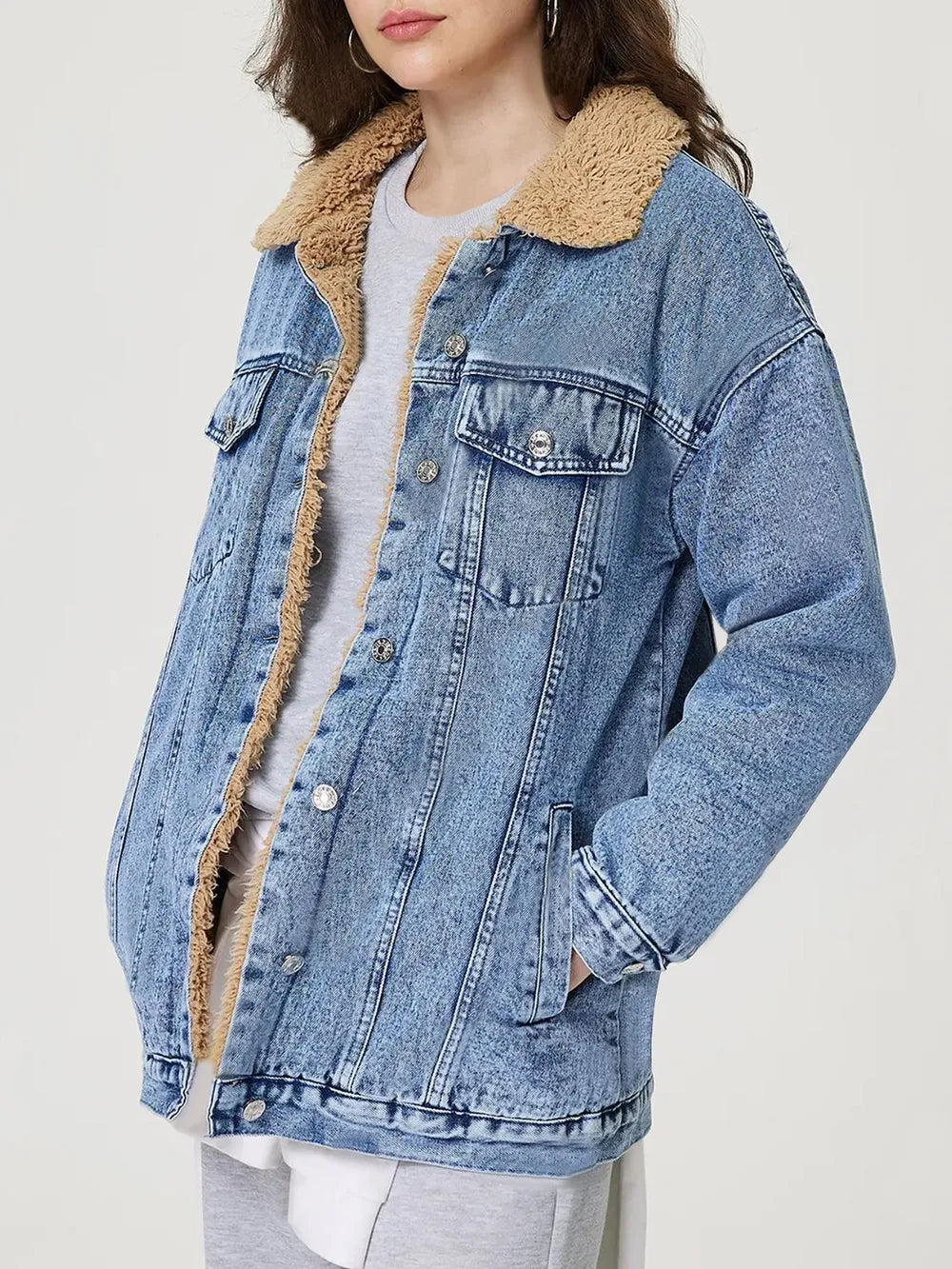 Women Button Up Collared Neck Plush Denim Jacket