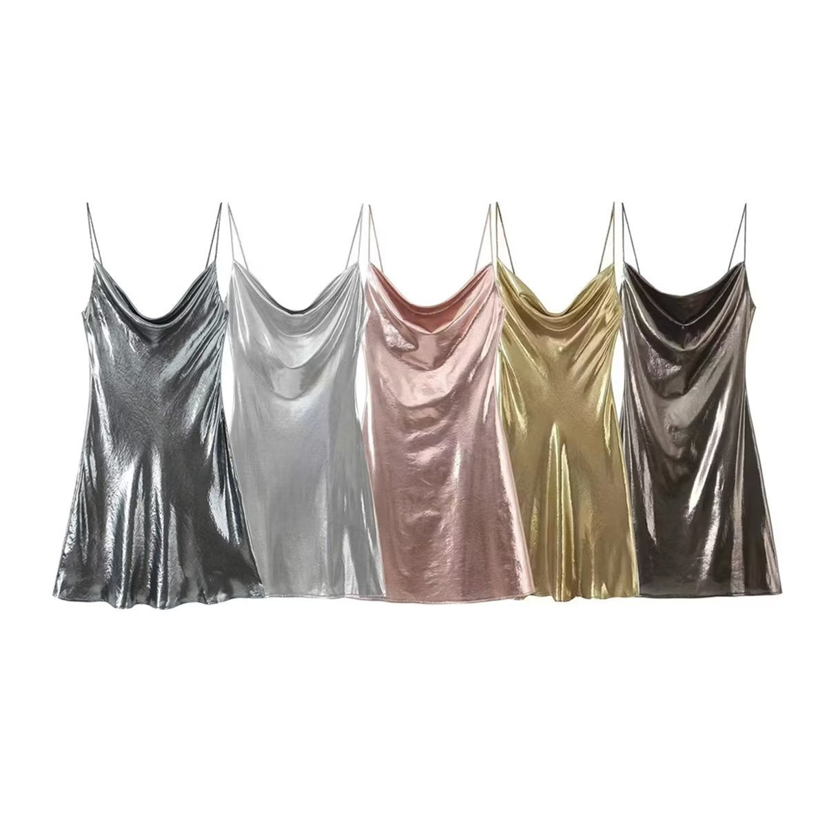 Woman Metal Shimmer Midi Slip Dresses