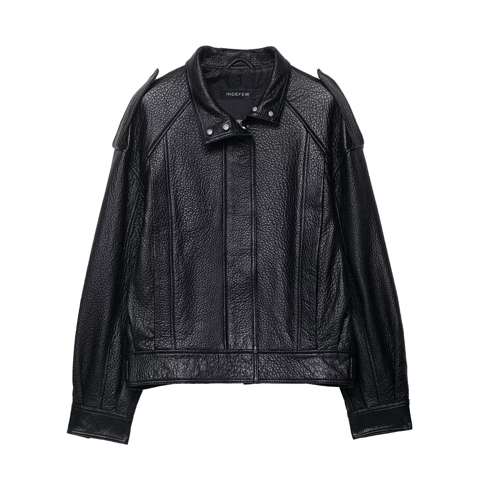 Unisex Leather Flip Collar Bomber Jacket