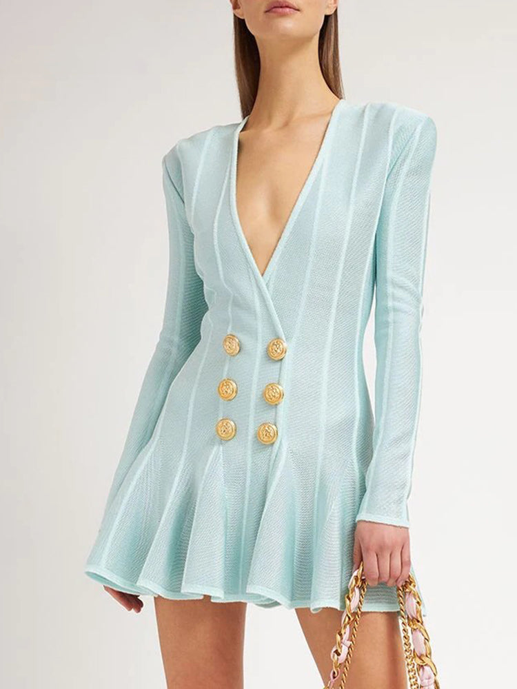 Women Elegant Green Striped V-Neck Zip Mini Dress