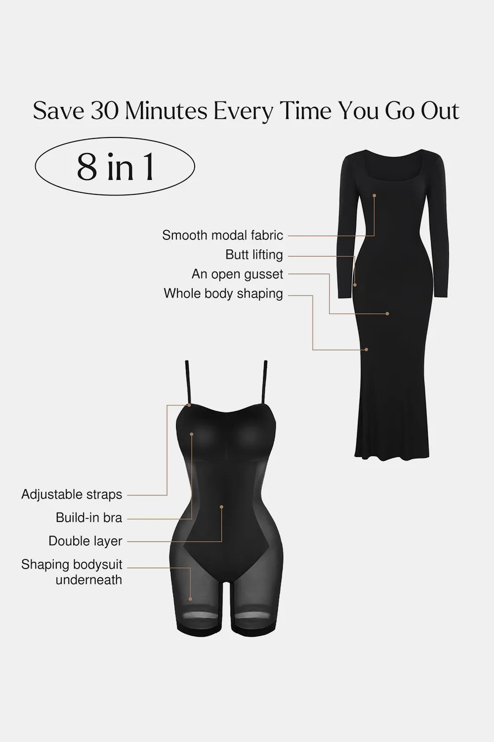 Women Built-In Shapewear Long Sleeve Maxi Dress