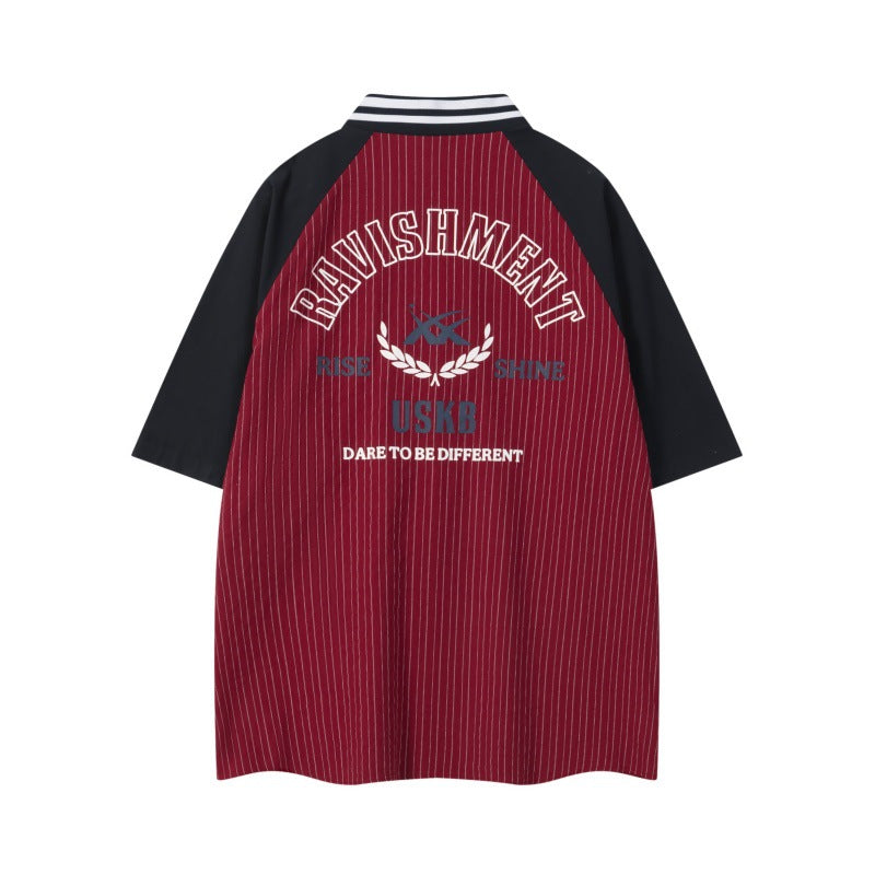 Men Sports Badge Baseball Collared Striped Shirt