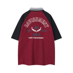 Men Sports Badge Baseball Collared Striped Shirt