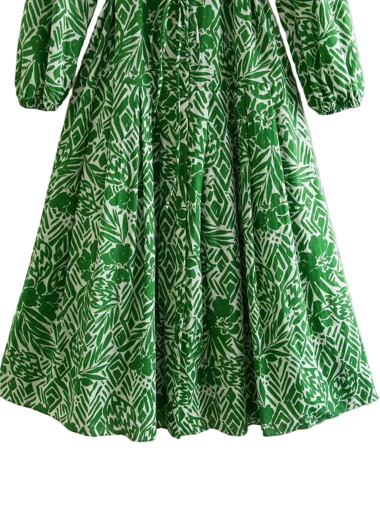 Woman Vintage Lapel Long Sleeve Lace Up Front Dress