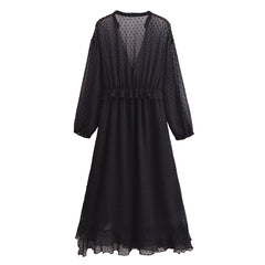 Women Casual Deep V-neck Polka Dot Chiffon Dress
